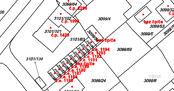Pelhřimov 1193 na parcele st. 3101/93 v KÚ Pelhřimov, Katastrální mapa