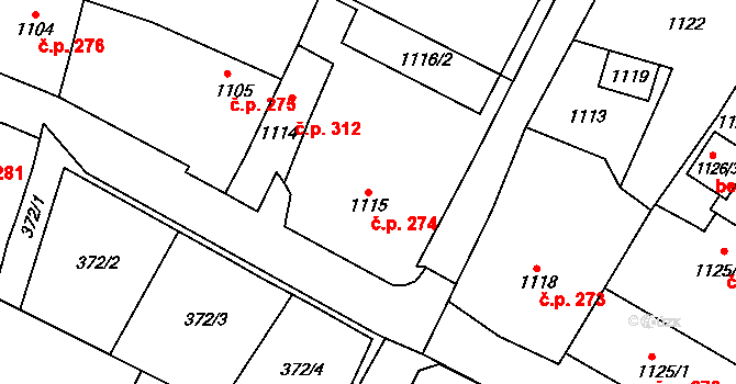 Bystřice nad Pernštejnem 274 na parcele st. 1115 v KÚ Bystřice nad Pernštejnem, Katastrální mapa