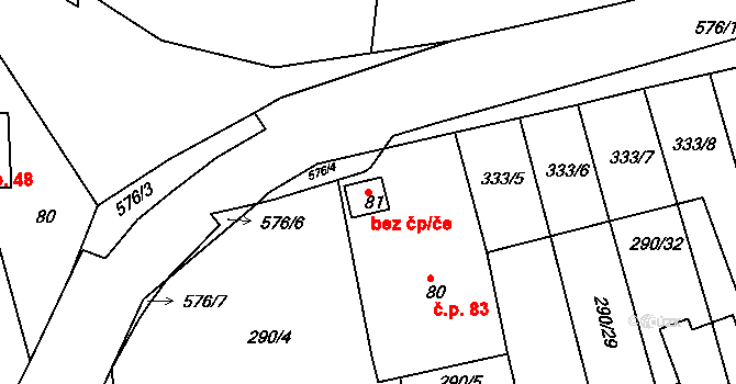 Valašské Meziříčí 43129412 na parcele st. 81 v KÚ Lhota u Choryně, Katastrální mapa