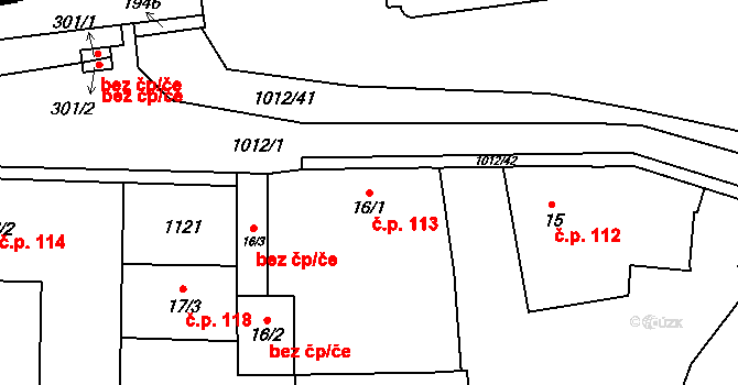 Hrochův Týnec 113 na parcele st. 16/1 v KÚ Hrochův Týnec, Katastrální mapa