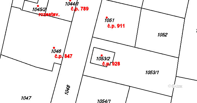 Nýřany 928 na parcele st. 1053/2 v KÚ Nýřany, Katastrální mapa