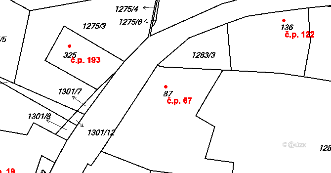 Dražice 67 na parcele st. 87 v KÚ Dražice u Tábora, Katastrální mapa