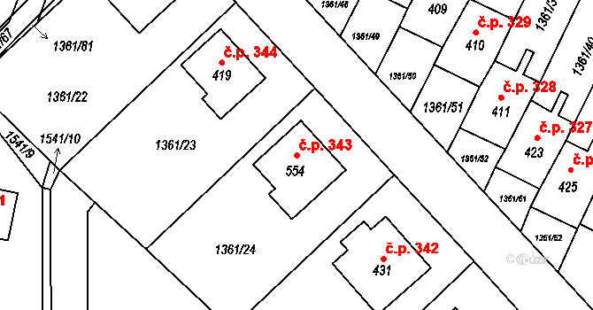 Lhenice 343 na parcele st. 554 v KÚ Lhenice, Katastrální mapa