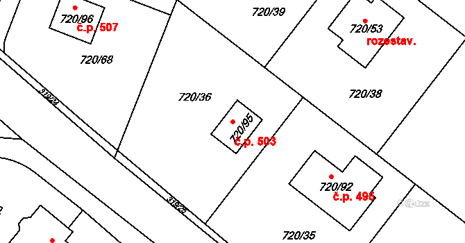 Koloděje 503, Praha na parcele st. 720/95 v KÚ Koloděje, Katastrální mapa