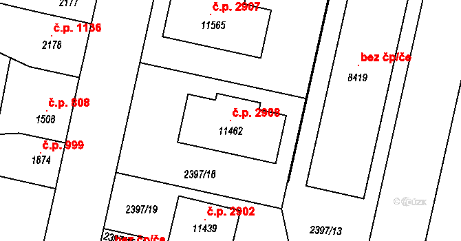 Zelené Předměstí 2908, Pardubice na parcele st. 11462 v KÚ Pardubice, Katastrální mapa