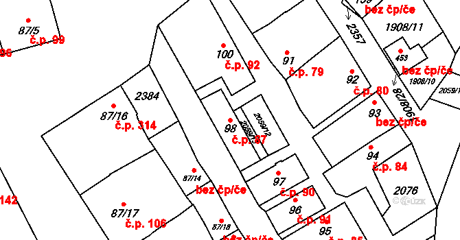 Ivaň 87 na parcele st. 98 v KÚ Ivaň, Katastrální mapa