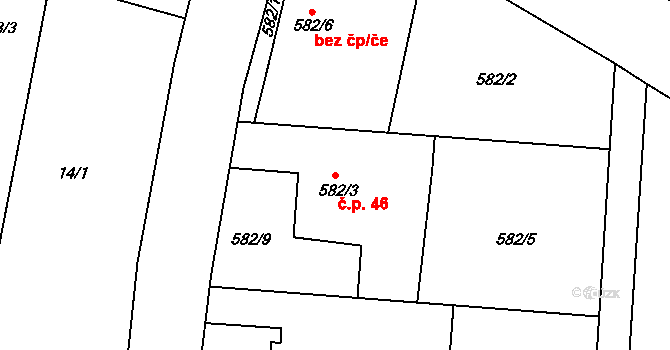 Tvorovice 46 na parcele st. 582/3 v KÚ Tvorovice, Katastrální mapa