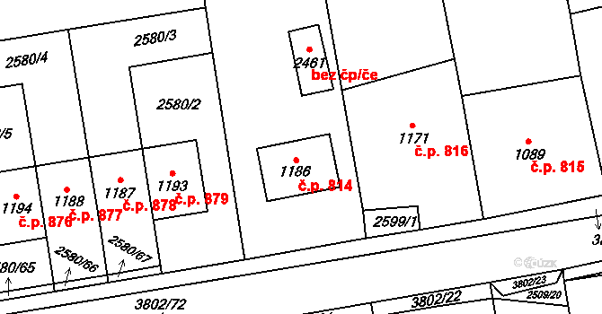 Dobřany 814 na parcele st. 1186 v KÚ Dobřany, Katastrální mapa