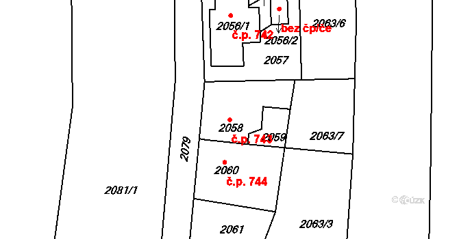 Pod Cvilínem 743, Krnov na parcele st. 2058 v KÚ Opavské Předměstí, Katastrální mapa