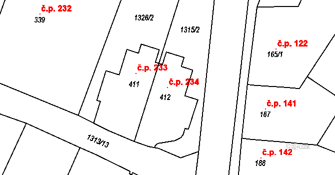 Kloboučky 234, Bučovice na parcele st. 412 v KÚ Kloboučky, Katastrální mapa
