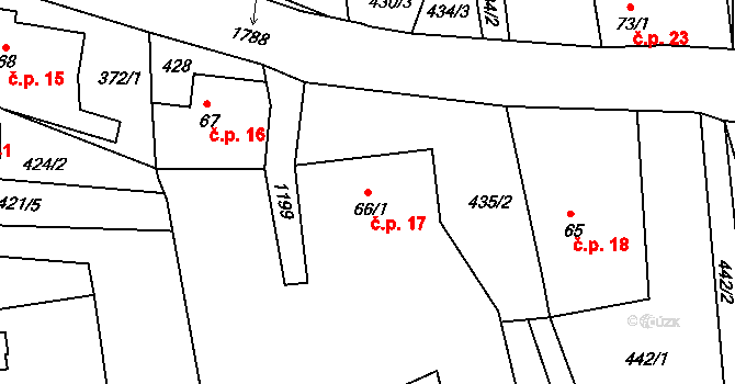 Oldřichov na Hranicích 17, Hrádek nad Nisou na parcele st. 66/1 v KÚ Oldřichov na Hranicích, Katastrální mapa