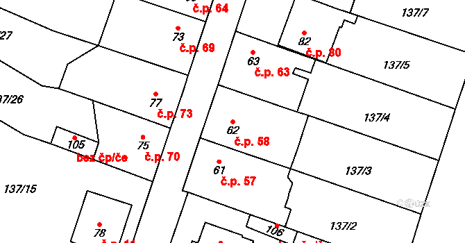 Lhotka nad Labem 58 na parcele st. 62 v KÚ Lhotka nad Labem, Katastrální mapa