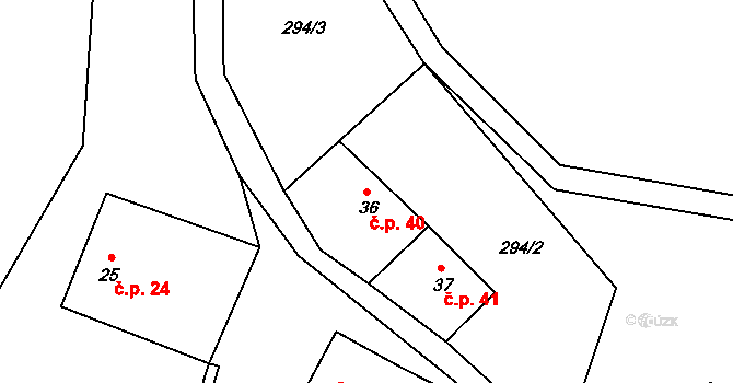 Čábuze 40, Vacov na parcele st. 36 v KÚ Čábuze, Katastrální mapa
