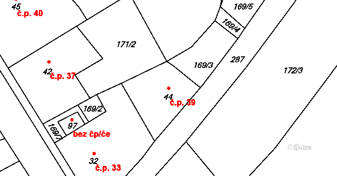 Vlčnov 39, Chrudim na parcele st. 44 v KÚ Vlčnov u Chrudimi, Katastrální mapa