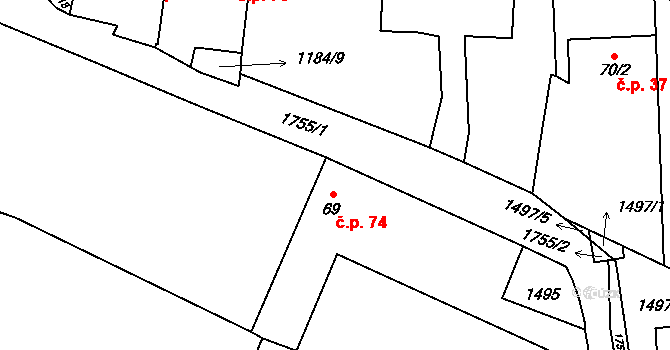 Temelín 74 na parcele st. 69 v KÚ Temelín, Katastrální mapa
