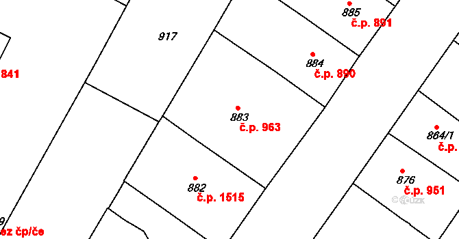 Teplice 963 na parcele st. 883 v KÚ Teplice, Katastrální mapa