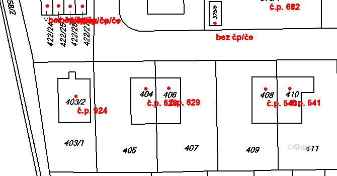 Letovice 629 na parcele st. 406 v KÚ Letovice, Katastrální mapa