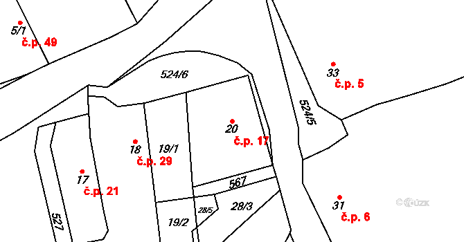 Týřovice 17, Hřebečníky na parcele st. 20 v KÚ Týřovice nad Berounkou, Katastrální mapa