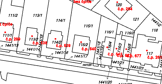 Řepy 540, Praha na parcele st. 115/2 v KÚ Řepy, Katastrální mapa