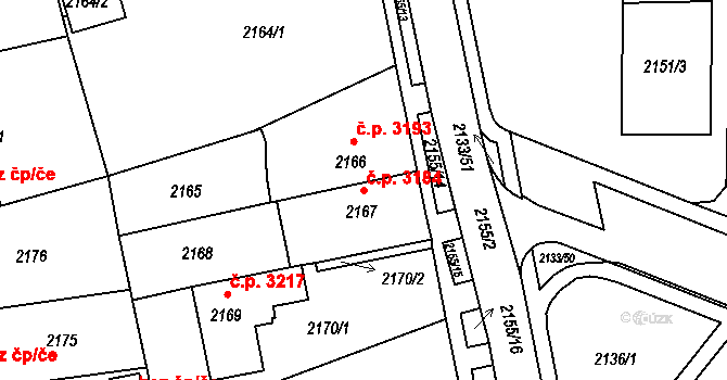 Chomutov 3184 na parcele st. 2167 v KÚ Chomutov II, Katastrální mapa