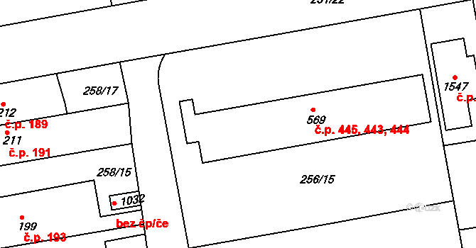 Malšovice 443,444,445, Hradec Králové na parcele st. 569 v KÚ Malšovice u Hradce Králové, Katastrální mapa