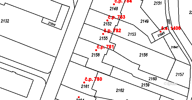 Kuřim 781 na parcele st. 2158 v KÚ Kuřim, Katastrální mapa