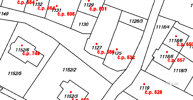 Pozořice 566 na parcele st. 1127 v KÚ Pozořice, Katastrální mapa
