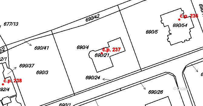 Březenec 237, Jirkov na parcele st. 690/21 v KÚ Březenec, Katastrální mapa