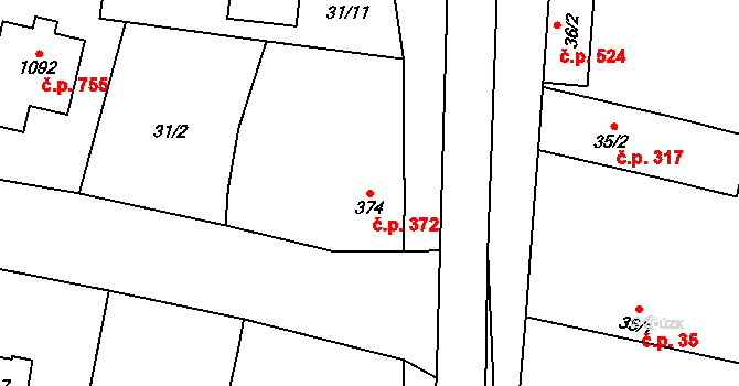 Velký Osek 372 na parcele st. 374 v KÚ Velký Osek, Katastrální mapa