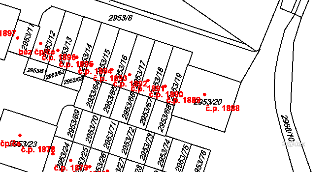 Kadaň 1889 na parcele st. 2953/19 v KÚ Kadaň, Katastrální mapa