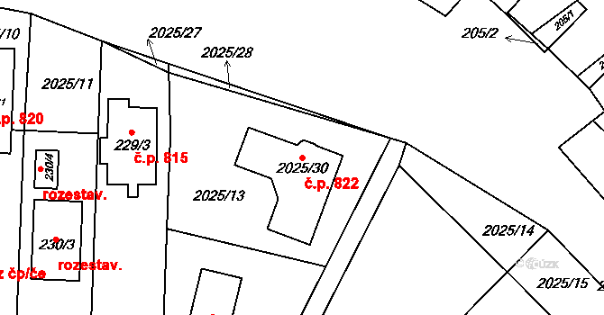 Modřice 822 na parcele st. 2025/30 v KÚ Modřice, Katastrální mapa