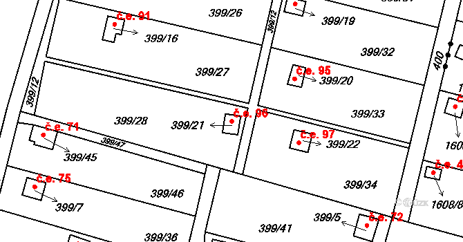 Chotovice 96 na parcele st. 399/21 v KÚ Chotovice u Nového Boru, Katastrální mapa