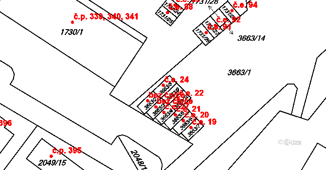 Brňany 24, Vyškov na parcele st. 3663/8 v KÚ Vyškov, Katastrální mapa
