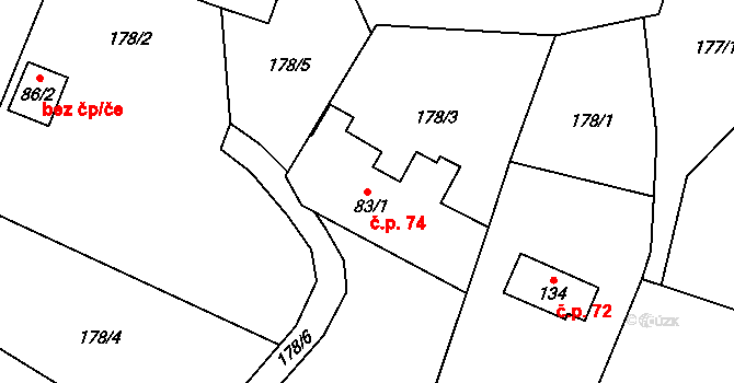 Borač 74 na parcele st. 83/1 v KÚ Borač, Katastrální mapa
