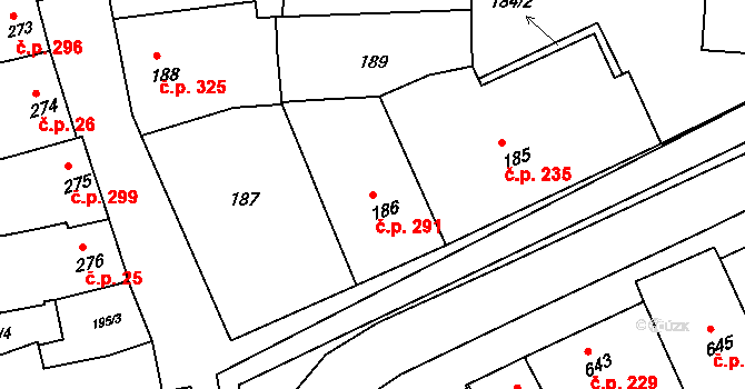 Bošovice 291 na parcele st. 186 v KÚ Bošovice, Katastrální mapa