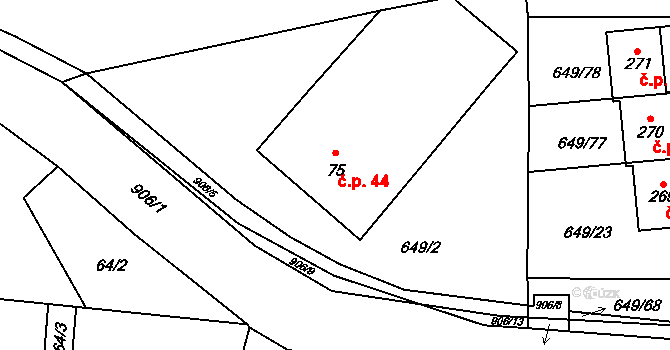 Rváčov 44, Vysočina na parcele st. 75 v KÚ Rváčov u Hlinska, Katastrální mapa