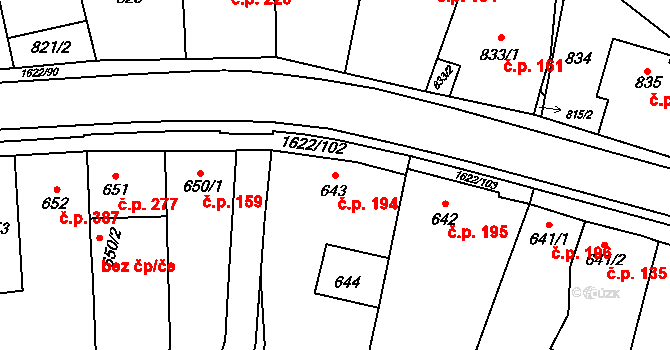 Drnovice 194 na parcele st. 643 v KÚ Drnovice u Vyškova, Katastrální mapa