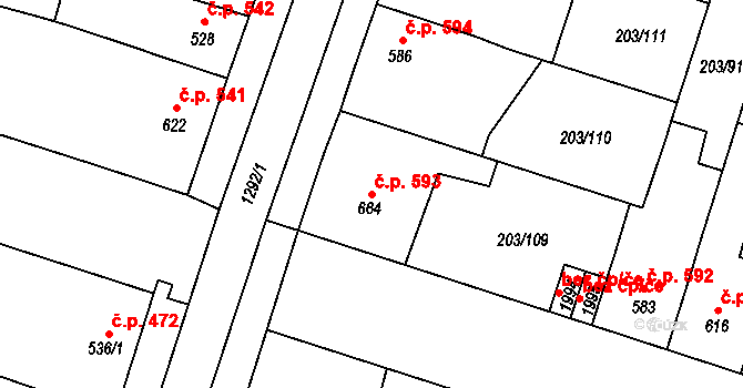 Přeštice 593 na parcele st. 664 v KÚ Přeštice, Katastrální mapa