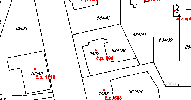 Bílé Předměstí 586, Pardubice na parcele st. 2492 v KÚ Pardubice, Katastrální mapa