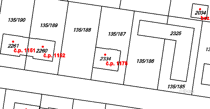 Podklášteří 1178, Třebíč na parcele st. 2334 v KÚ Podklášteří, Katastrální mapa