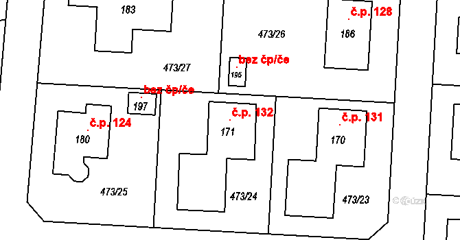 Chvalovice 132, Kovanice na parcele st. 171 v KÚ Chvalovice u Nymburka, Katastrální mapa