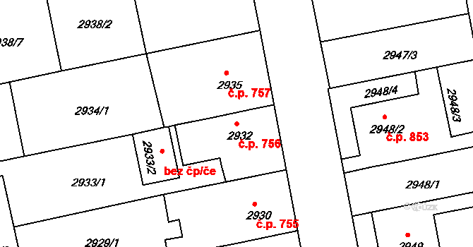 Holešov 756 na parcele st. 2932 v KÚ Holešov, Katastrální mapa