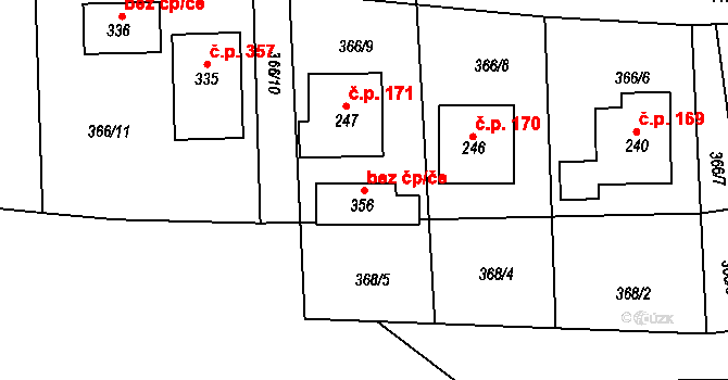 Karlštejn 103867414 na parcele st. 356 v KÚ Budňany, Katastrální mapa