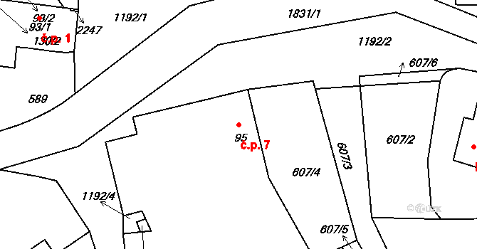 Okřesaneč 7 na parcele st. 95 v KÚ Okřesaneč, Katastrální mapa