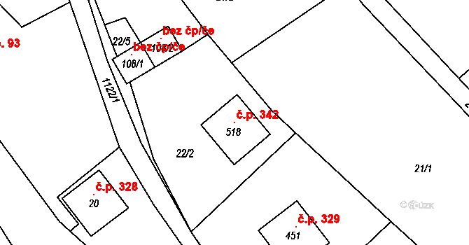 Chvalčov 342 na parcele st. 518 v KÚ Chvalčov, Katastrální mapa