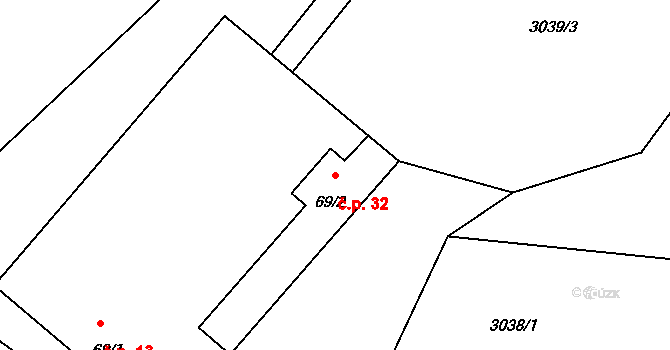 Hvozdec 32 na parcele st. 69/2 v KÚ Hvozdec u Lišova, Katastrální mapa