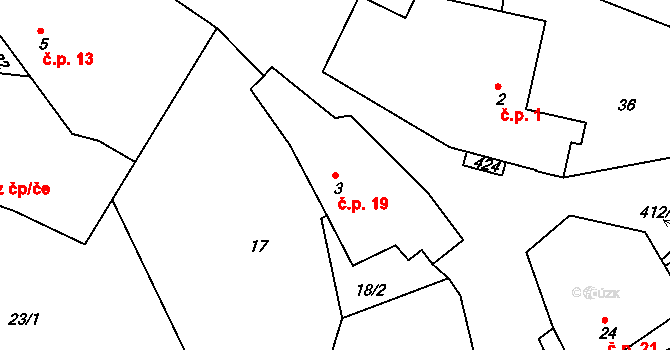 Vržanov 19, Kamenice na parcele st. 3 v KÚ Vržanov, Katastrální mapa