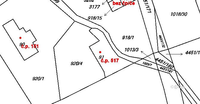 Ostravice 517 na parcele st. 91 v KÚ Ostravice 1, Katastrální mapa