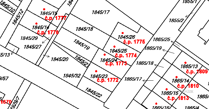Děčín VI-Letná 1773, Děčín na parcele st. 1845/24 v KÚ Podmokly, Katastrální mapa