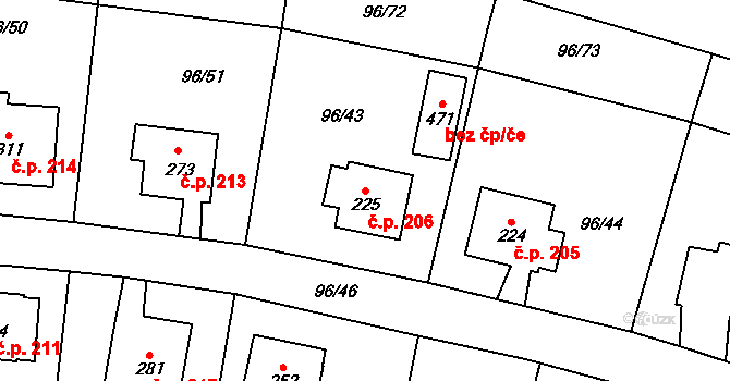 Přepeře 206 na parcele st. 225 v KÚ Přepeře u Turnova, Katastrální mapa